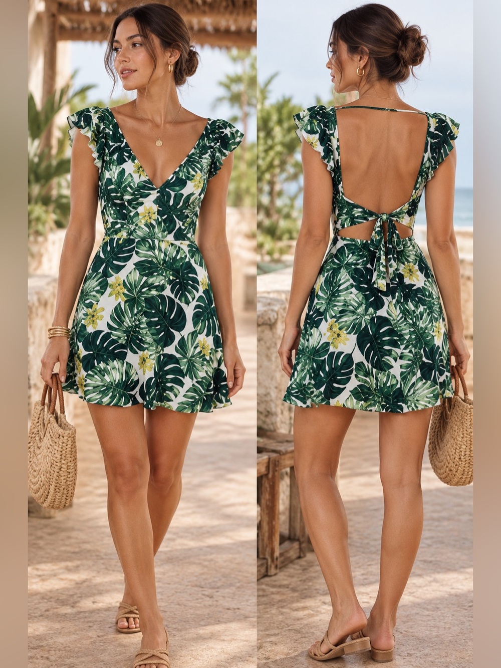 For Love & Lemons x UO | Tropical Leaf Open Back Mini Dress - Size Medium